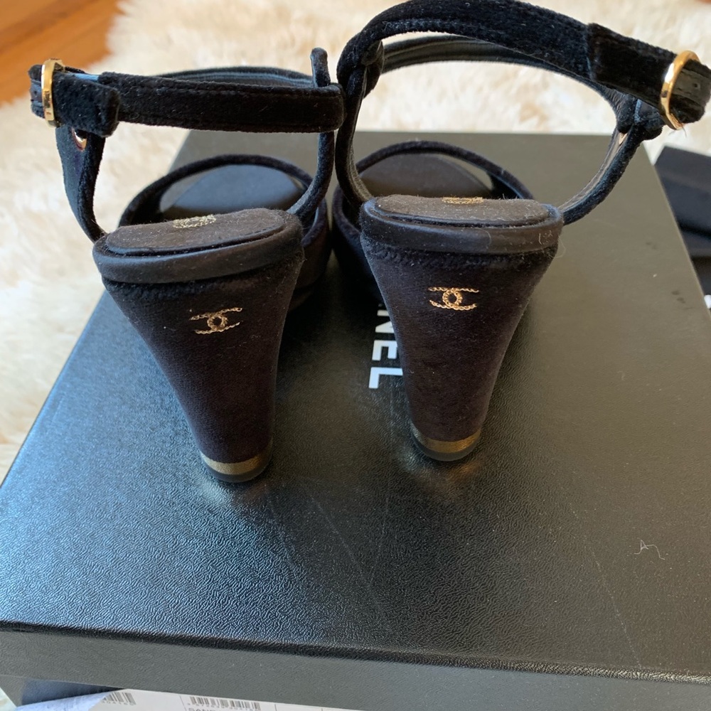 BRAND NEW in BOX Chanel black velvet wedge sandal